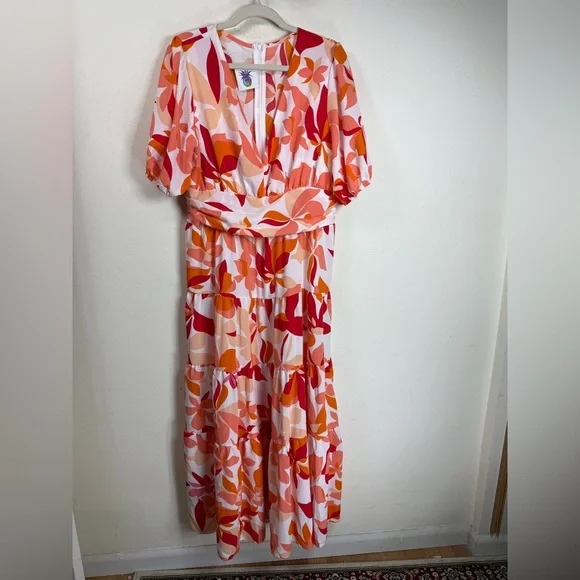 (H1) Ruffle Tiered› Orange floral maxi dress with V-neckline, size XL - Picture 5 of 15